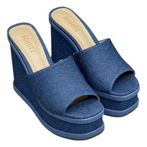 Schutz Dalle Denim Wedge Sandal Blue Platform Shoe Chunky Mule 10.5